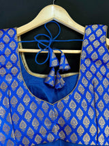 Size 36 | Blue Color Stitched Sleeveless Blouse with Gold Buttis Pure Banarasi | Readymade Blouse | Pink Ready to Wear Banarasi Blouse - Kaash