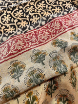 Statement Beige Color Authentic Bangru Hand Block Floral Print Linen Saree - Kaash