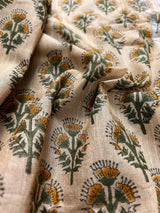 Statement Beige Color Authentic Bangru Hand Block Floral Print Linen Saree - Kaash