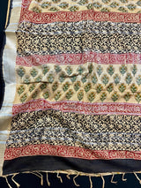 Statement Beige Color Authentic Bangru Hand Block Floral Print Linen Saree - Kaash