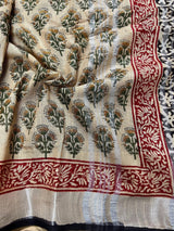 Statement Beige Color Authentic Bangru Hand Block Floral Print Linen Saree - Kaash