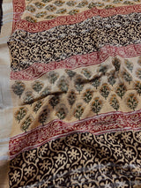 Statement Beige Color Authentic Bangru Hand Block Floral Print Linen Saree - Kaash