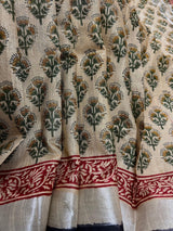 Statement Beige Color Authentic Bangru Hand Block Floral Print Linen Saree - Kaash