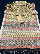 Statement Beige Color Authentic Bangru Hand Block Floral Print Linen Saree | 90 Count Linen Saree with Zari Work | Line Saree | Gift For Her - Kaash