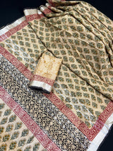 Statement Beige Color Authentic Bangru Hand Block Floral Print Linen Saree | 90 Count Linen Saree with Zari Work | Line Saree | Gift For Her - Kaash