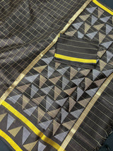 Statement Black Saree with Checks | Handwoven Saree | Semi Raw Silk Saree | Light Weight Saree | Gift for Her | Soft Saree | Kaash Sarees - Kaash