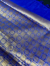 Royal Blue Banarasi Designer saree in banarasi silk with muted gold zari with floral motifs & designer border — Kaash Collection