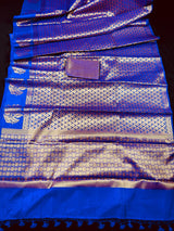 Statement Designer Royal Blue Saree with Muted Gold Zari Weaving Work Handmade Banarasi Silk Saree with complementing Brocade Blouse - Kaash