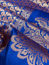 Statement Designer Royal Blue Saree with Muted Gold Zari Weaving Work Handmade Banarasi Silk Saree with complementing Brocade Blouse - Kaash