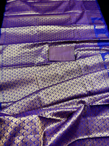 Statement Designer Royal Blue Saree with Muted Gold Zari Weaving Work Handmade Banarasi Silk Saree with complementing Brocade Blouse - Kaash