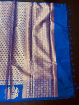 Statement Designer Royal Blue Saree with Muted Gold Zari Weaving Work Handmade Banarasi Silk Saree with complementing Brocade Blouse - Kaash