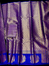 Statement Designer Royal Blue Saree with Muted Gold Zari Weaving Work Handmade Banarasi Silk Saree with complementing Brocade Blouse - Kaash
