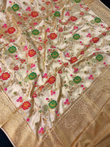 Gold Banarasi saree in pure banarasi satin with handwoven floral meenakari jaal — Kaash Collection