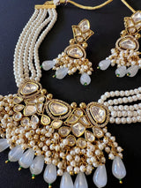 Statement Handmade Necklace in Tayani Kundan with Grey Color Monalisa Beads - Kaash