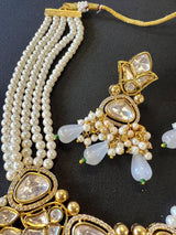 Statement Handmade Necklace in Tayani Kundan with Grey Color Monalisa Beads - Kaash