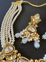 Statement Handmade Necklace in Tayani Kundan with Grey Color Monalisa Beads | Kundan Jewelry | Bollywood Style Wedding Party Jewelry - Kaash