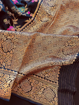 Midnight Blue Pure Satin Silk Tanchoi saree in pure satin silk with handwoven tanchoi with floral meenakari jaal — Kaash Collection