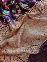 Midnight Blue Pure Satin Silk Tanchoi saree in pure satin silk with handwoven tanchoi with floral meenakari jaal — Kaash Collection