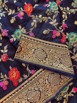 Midnight Blue Pure Satin Silk Tanchoi saree in pure satin silk with handwoven tanchoi with floral meenakari jaal — Kaash Collection