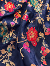 Statement Midnight Blue Color Pure Satin Silk Saree with Handwoven Floral Meenakari Floral Jaal Weave | Silk Mark Certified - Kaash