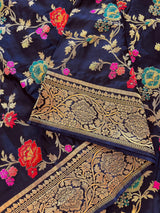 Statement Midnight Blue Color Pure Satin Silk Saree with Handwoven Floral Meenakari Floral Jaal Weave | Silk Mark Certified - Kaash