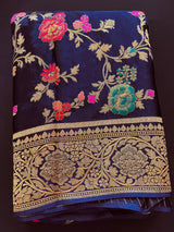 Statement Midnight Blue Color Pure Satin Silk Saree with Handwoven Floral Meenakari Floral Jaal Weave | Silk Mark Certified - Kaash