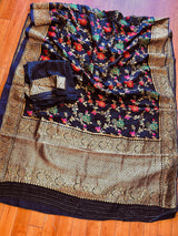 Statement Midnight Blue Color Pure Satin Silk Saree with Handwoven Floral Meenakari Floral Jaal Weave | Silk Mark Certified - Kaash