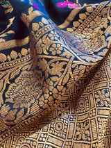 Statement Midnight Blue Color Pure Satin Silk Saree with Handwoven Floral Meenakari Floral Jaal Weave | Silk Mark Certified - Kaash