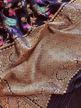 Statement Midnight Blue Color Pure Satin Silk Saree with Handwoven Floral Meenakari Floral Jaal Weave | Silk Mark Certified - Kaash