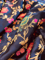 Statement Midnight Blue Color Pure Satin Silk Saree with Handwoven Floral Meenakari Floral Jaal Weave | Silk Mark Certified - Kaash