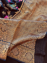 Statement Midnight Blue Color Pure Satin Silk Saree with Handwoven Floral Meenakari Floral Jaal Weave | Silk Mark Certified - Kaash