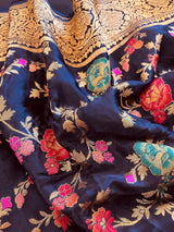 Statement Midnight Blue Color Pure Satin Silk Saree with Handwoven Floral Meenakari Floral Jaal Weave | Silk Mark Certified - Kaash