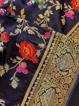 Statement Midnight Blue Color Pure Satin Silk Saree with Handwoven Floral Meenakari Floral Jaal Weave | Silk Mark Certified - Kaash