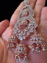 Statement Rose Gold Long and Premium Quality American Diamond Earrings with small Jumkis | Indian Jewelry | AD Earrings | Long Earrings - Kaash