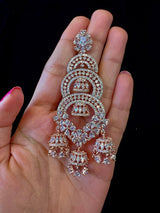 Statement Rose Gold Long and Premium Quality American Diamond Earrings with small Jumkis | Indian Jewelry | AD Earrings | Long Earrings - Kaash