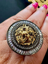 Statement Sabyasachi Inspired Adjustable Ring with Lion face in Black Metal - Kaash