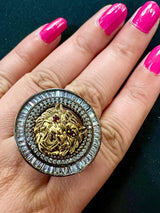 Statement Sabyasachi Inspired Adjustable Ring with Lion face in Black Metal - Kaash
