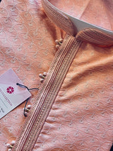 Tea Pink men's kurta pajama in silk (non-pure) with self-design weave with embroidered pattern — Kaash Collection