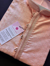 Tea Pink Silk Men Kurta Pajama with Weave Design Embroidered Pattern with Lining | Mens Ethnic Wear | Wedding Wear Kurta | Kaash Collection - Kaash