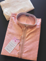Tea Pink Silk Men Kurta Pajama with Weave Design Embroidered Pattern with Lining | Mens Ethnic Wear | Wedding Wear Kurta | Kaash Collection - Kaash