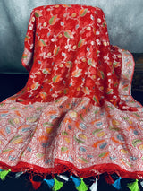 Silk Mark Certified Tomato Red Pure Georgette Chiffon saree in pure georgette chiffon with silver zari with hand-brush paint jaal — Kaash Collection
