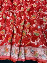 Tomato Red Color Pure Georgette Chiffon Silk Saree with Sliver Zari Weave and hand brush Work | SILK MARK CERTIFIED - Kaash