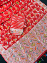 Tomato Red Color Pure Georgette Chiffon Silk Saree with Sliver Zari Weave and hand brush Work | SILK MARK CERTIFIED - Kaash