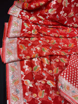 Tomato Red Color Pure Georgette Chiffon Silk Saree with Sliver Zari Weave and hand brush Work | SILK MARK CERTIFIED - Kaash