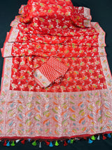 Tomato Red Color Pure Georgette Chiffon Silk Saree with Sliver Zari Weave and hand brush Work | SILK MARK CERTIFIED - Kaash