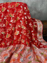 Tomato Red Color Pure Georgette Chiffon Silk Saree with Sliver Zari Weave and hand brush Work | SILK MARK CERTIFIED - Kaash