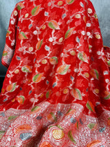 Tomato Red Color Pure Georgette Chiffon Silk Saree with Sliver Zari Weave and hand brush Work | SILK MARK CERTIFIED - Kaash