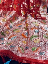 Tomato Red Color Pure Georgette Chiffon Silk Saree with Sliver Zari Weave and hand brush Work | SILK MARK CERTIFIED - Kaash