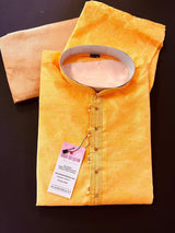 Turmeric Yellow men's kurta pajama in soft silk (non-pure) with floral self-design — Kaash Collection