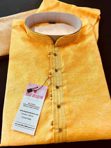 Turmeric Yellow men's kurta pajama in soft silk (non-pure) with floral self-design — Kaash Collection